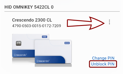 Token with PIN not blocked A device tile with the kebab menu icon and the Unblock PIN link highlighted.