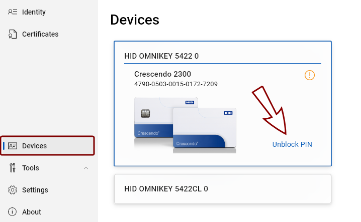 Token with PIN blocked A token tile with blocked PIN and the Unblock PIN link highlighted.