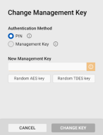 The Change Management Key dialog with the PIN authentication method selected.