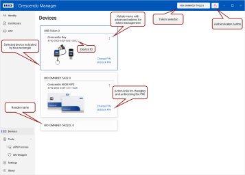 The Devices view with UI elements highlighted.