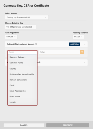 The Distinguished Name value dropdown with the list of options displayed.