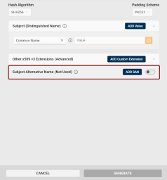 The Subject Alternative Name section with the toggle and Add SAN buttons.