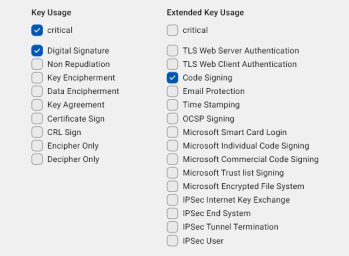 The Code Signing template with the relevant key and extended key usage checkboxes selected.