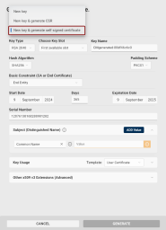 The Select Action Dropdown list with the New Key & Generate self-signed certificate option highlighted.