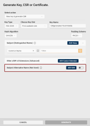 The Generate Key, CSR or Certificate dialog with the Subject Alternative Name field highlighted.