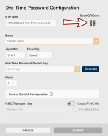 The One-Time Password Configuration dialog with the QR code icon highlighted.