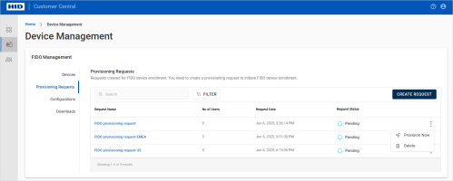Provisioning request list