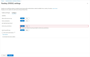 Entra ID Passkey settings configured