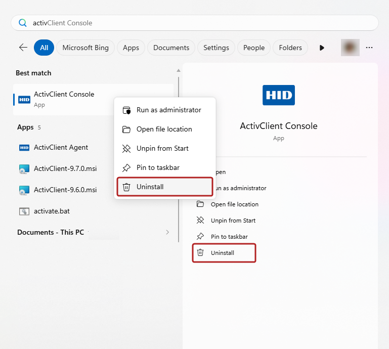 Windows Start menu with the two Uninstall options for ActivClient