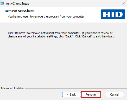 The ActivClient Setup Wizard with the Remove button to confirm uninstallation
