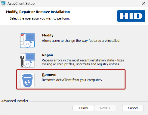 The ActivClient Setup Wizard with the Remove button