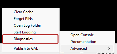 Screenshot of the ActivClient options with Diagnostics highlighted