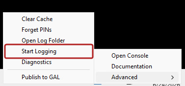The ActivClient Agent menu with the Start Logging option highlighted