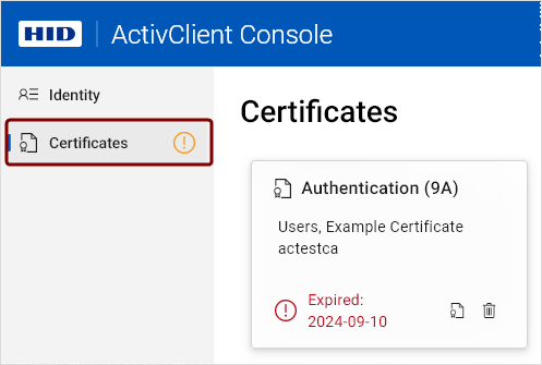 The Certificates navigation link with the yellow warning icon displayed.
