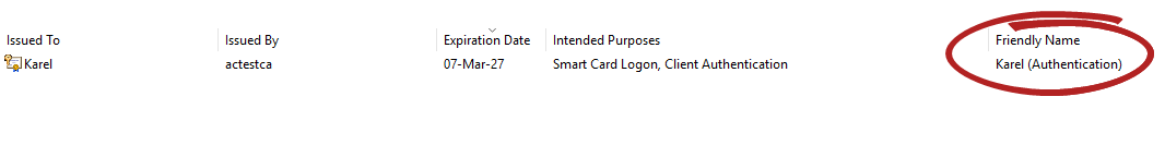 The Friendly Name field from the Windows Certificate Store