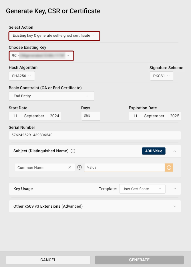 Generate Key, CSR or Certificate dialog