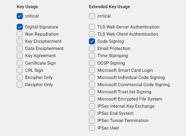 The OpenVPN Client template with the relevant key and extended key usage checkboxes selected.