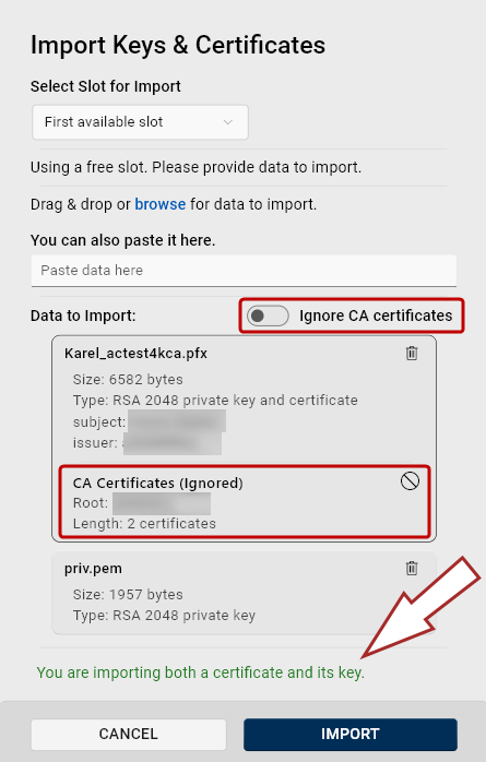 Screenshot of the Import Keys and Certificates dialog with the toggle set to ignore CA certificates
