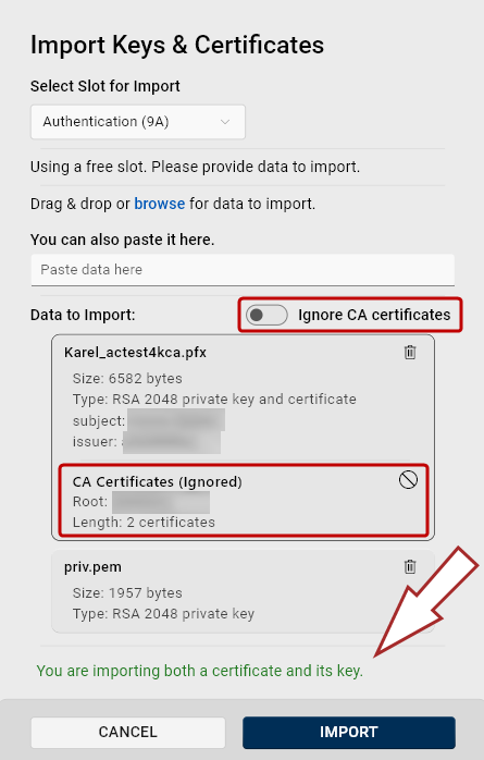 Screenshot of the Import Keys and Certificates dialog with the toggle set to ignore CA certificates