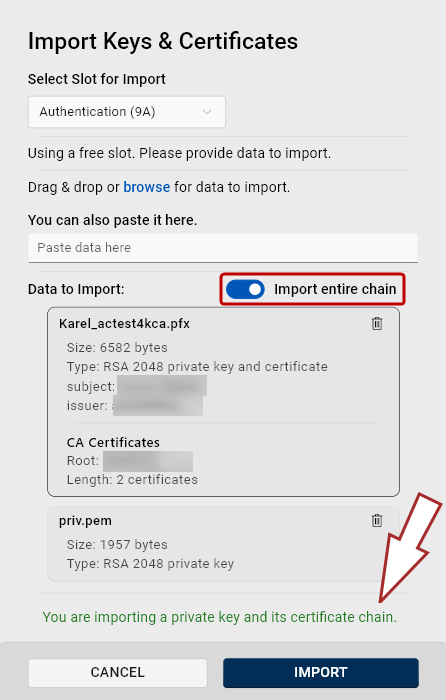 Screenshot of the Import Keys and Certificates dialog with the toggle set to include CA certificates