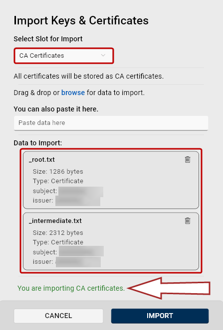 Screenshot of the Import Keys and User Certificates dialog with the correct slot selected