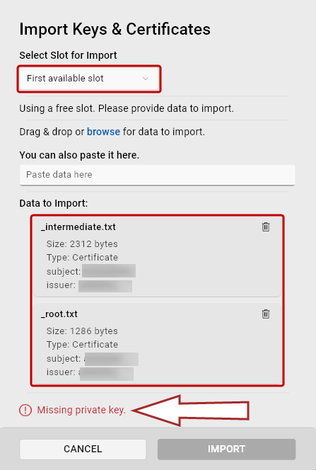 Screenshot of the Import Keys and User Certificates dialog indicating a missing private key