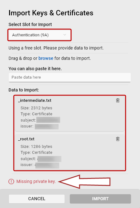 Screenshot of the Import Keys and User Certificates dialog indicating a missing private key