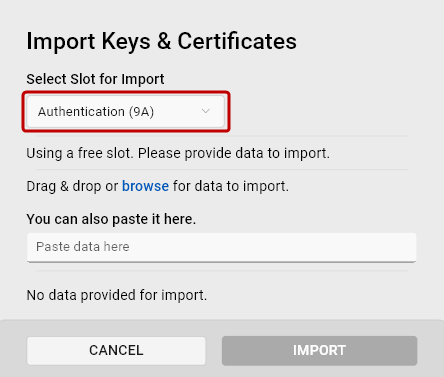 Screenshot of the Import Keys and Certificates dialog with a pre-selected slot