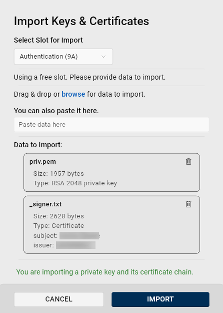 Screenshot of the Import Keys & Certificates dialog with multiple data entries