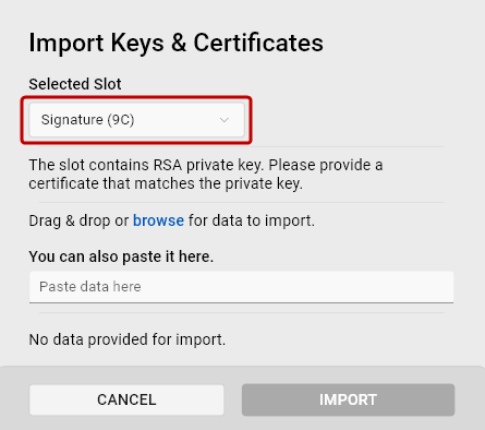 The Import Keys and Certificates dialog.