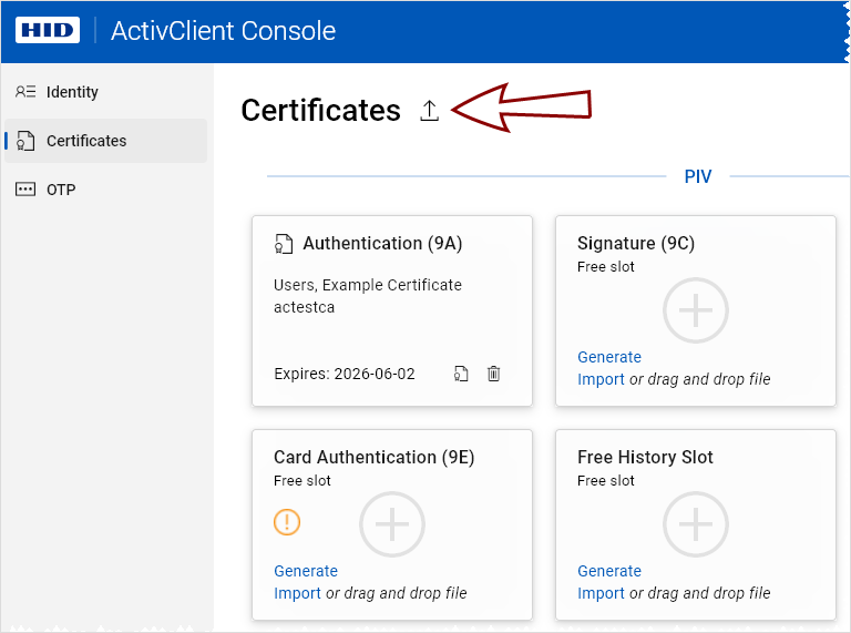 Certificates view with the Upload to certificate store icon highlighted.