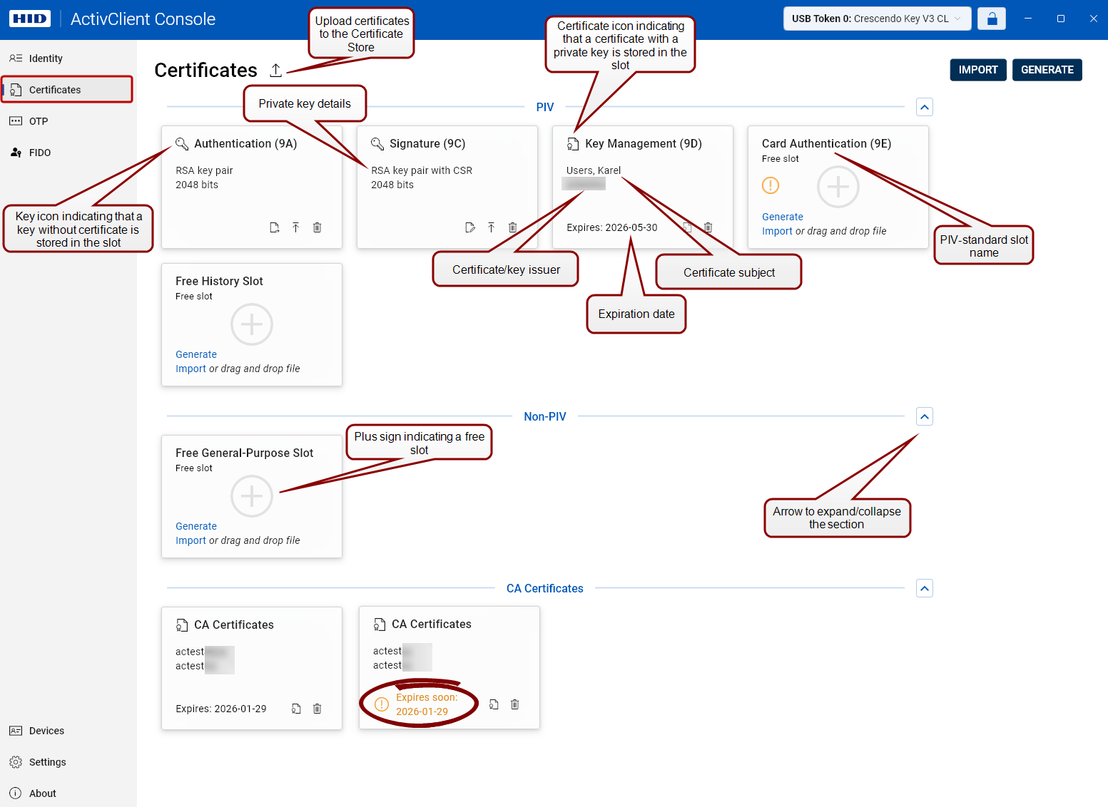 The Certificates view with bubbles indicating individual UI components described in this chapter.