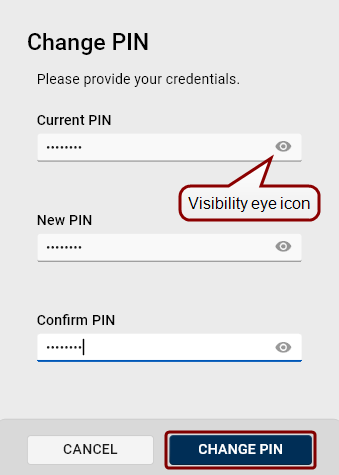 Change PIN dialog box The change PIN dialog box
