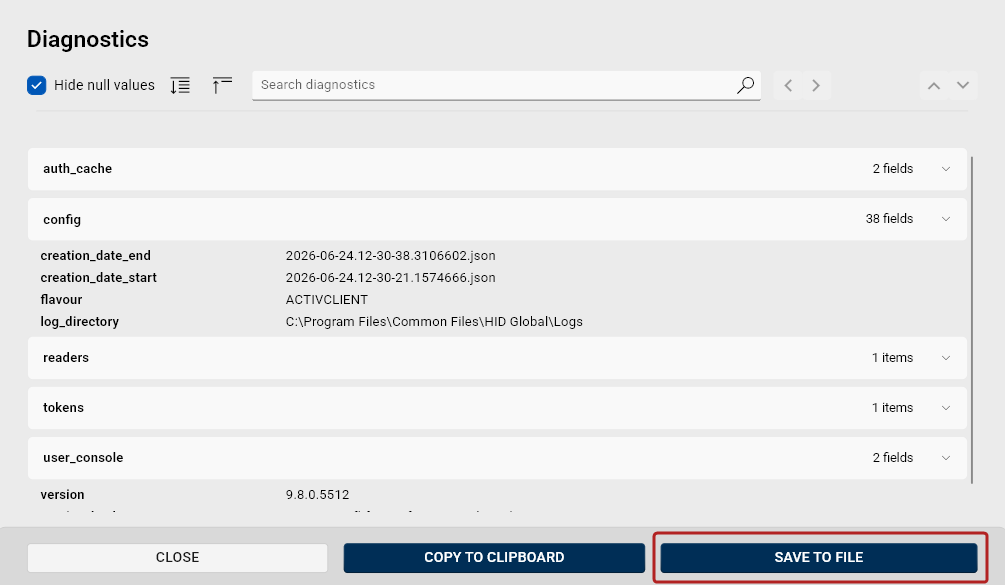 The Diagnostics dialog