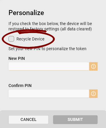 Personalize dialog with the Recycle Device checkbox selected