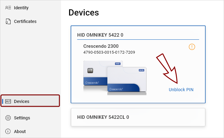 Token with PIN blocked A token tile with blocked PIN and the Unblock PIN link highlighted.