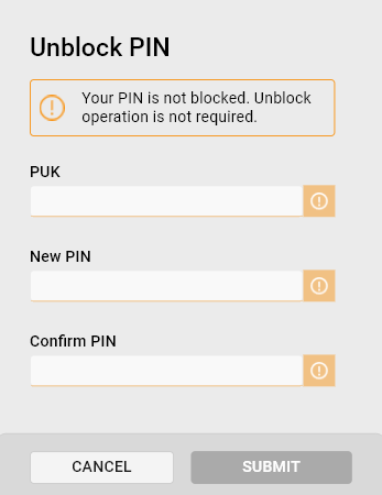 Unblock PIN dialog when the PIN is not blocked.