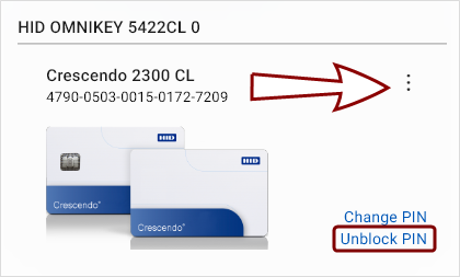 Token with PIN not blocked A device tile with the kebab menu icon and the Unblock PIN link highlighted.