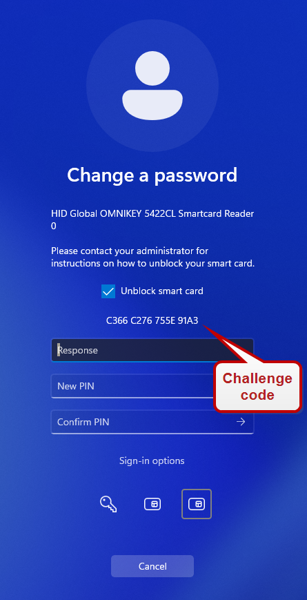 The native Microsoft Windows smart card unblock screen