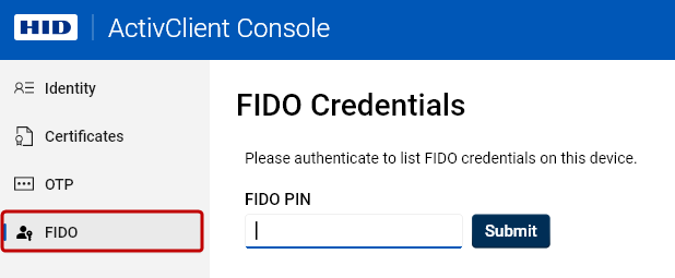 Screenshot of the FIDO Credentials screen with the FIDO PIN entry field