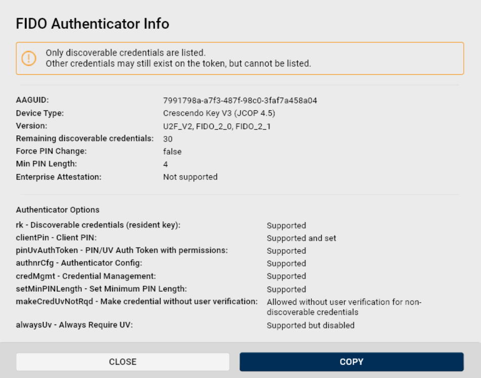 Screenshot of the FIDO Authenticator Info dialog