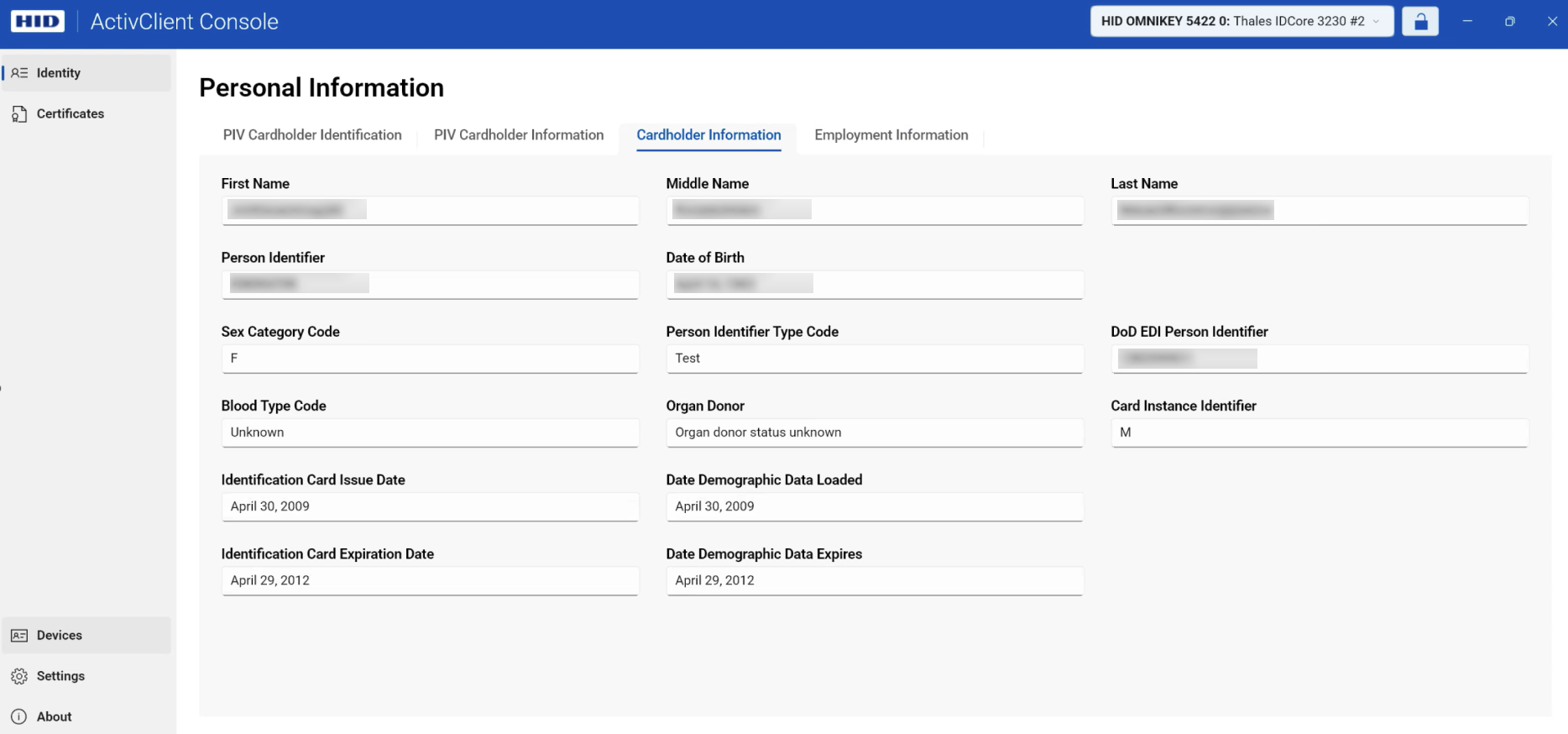 Cardholder Information tab for CAC cards