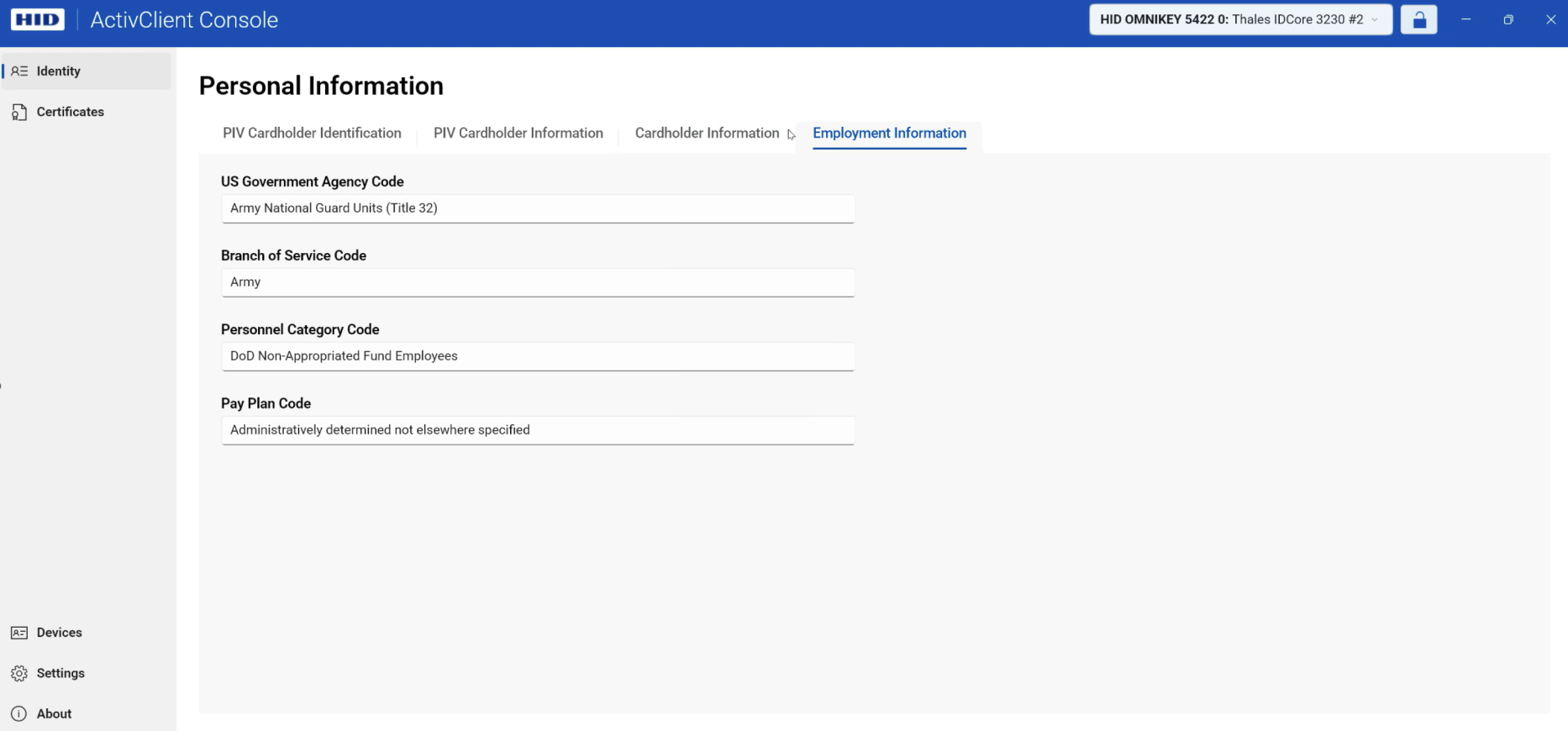 Employment Information section for CAC cards