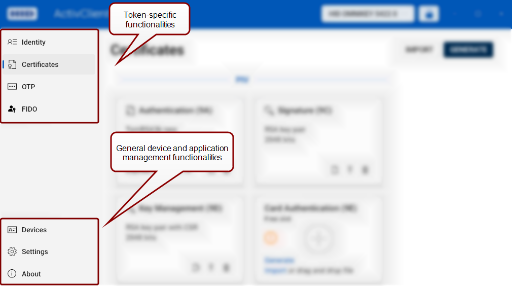 UI with the Token-specific functionalities and general functionalities highlighted.