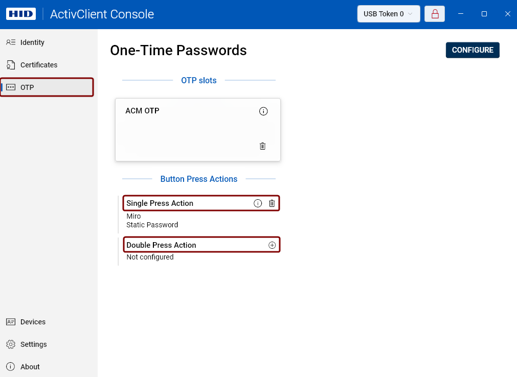 One-Time Password view with the single and double press action sections highlighted.