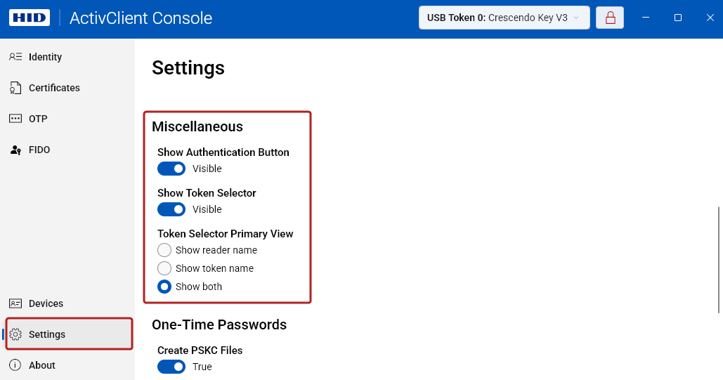 Screenshot of the Miscellaneous section in ActivClient Console Settings
