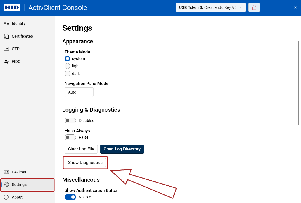 The Settings view with the Show Diagnostics button highlighted
