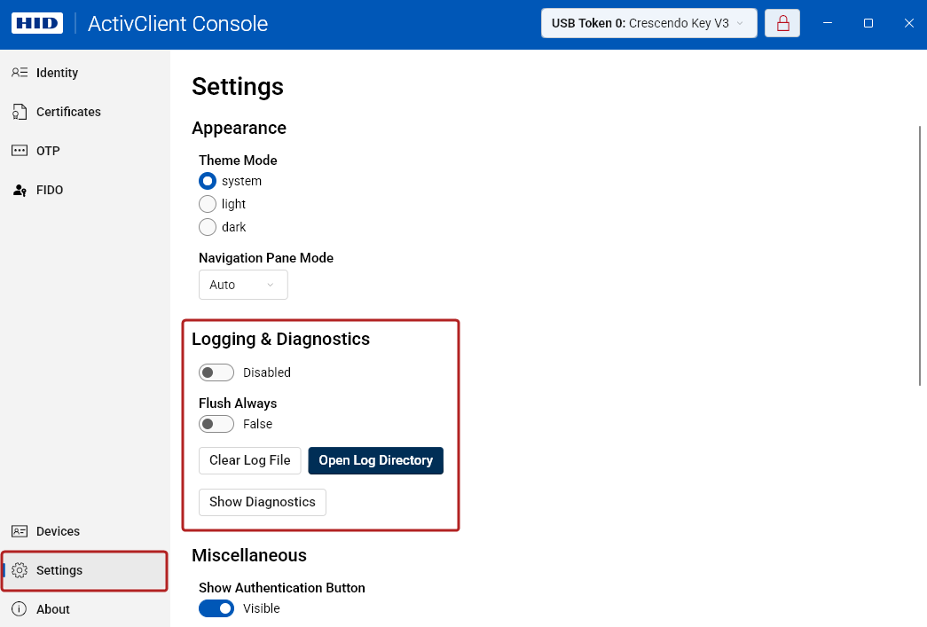 Settings view with Logging section highlighted