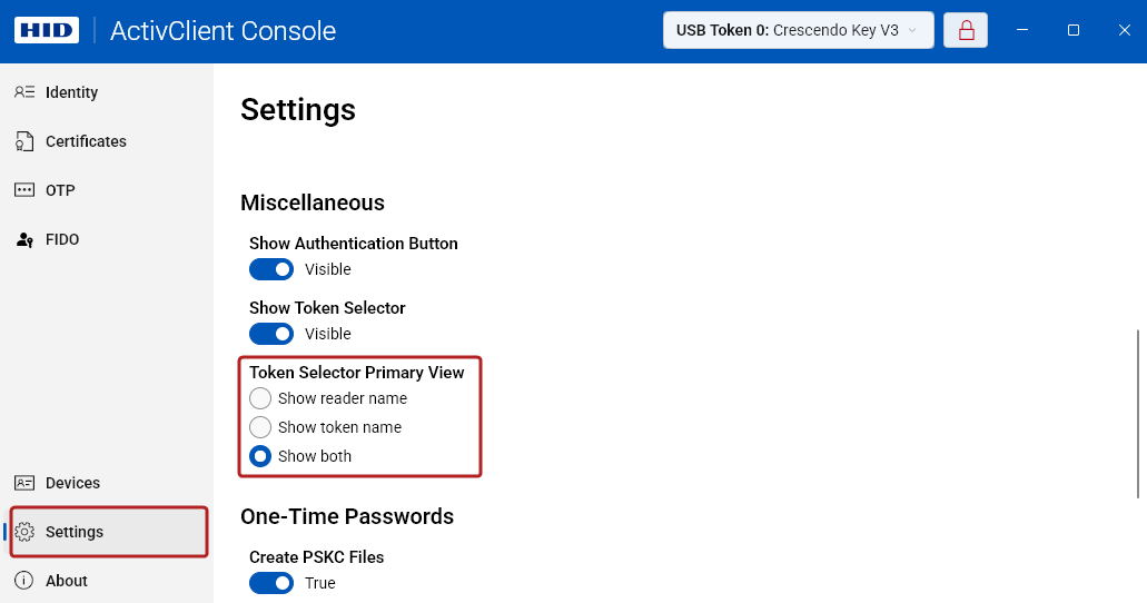 Settings - Token Selector Primary View