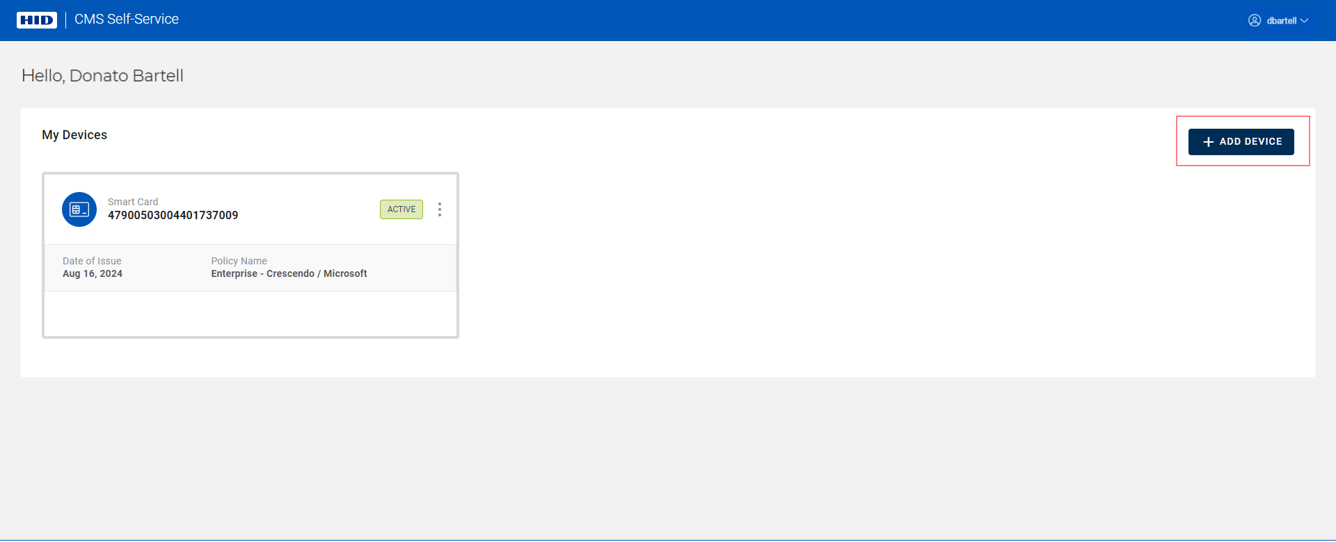 My Devices page displaying a device in the Active state with the Add Device button outlined in red in the top right corner